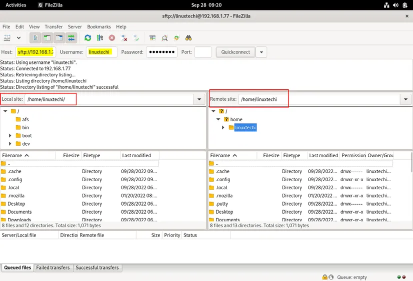 Remote-site-directory-after-connection-filezilla-fedora
