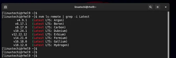 list-latest-nodejs-using-nvm-command-rhel9