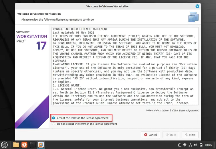 Accept Terms License Agreement VMware Workstation Accept-Terms-License-Agreement-VMware-Workstation-LinuxMint21