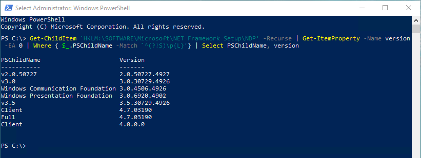 Check .NET Framework Version using PowerShell on Windows