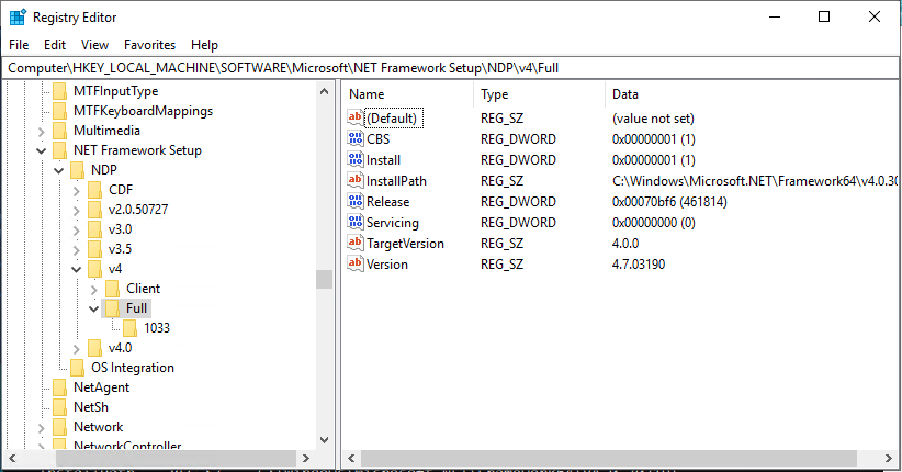 Check .NET Framework Version using Registry on Windows