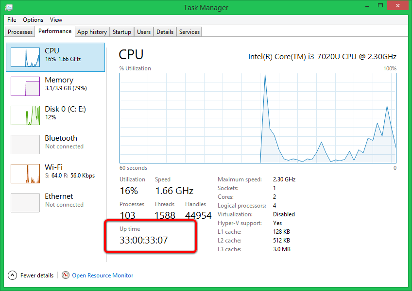 Check Computer Uptime in Task Manager